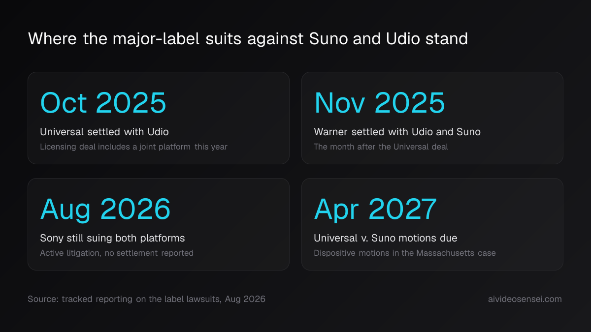 Four stat cards reading October 2025, November 2025, August 2026 and April 2027, each labelled with the Universal, Warner or Sony position.