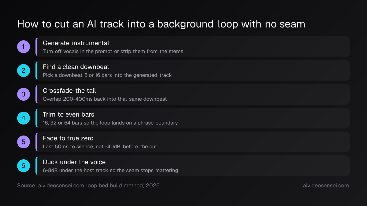 Six numbered steps running from generating an instrumental take through crossfading, trimming to even bar counts, fading to zero and ducking the bed.