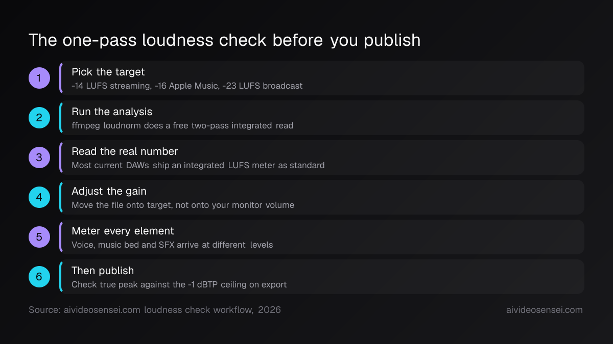 Six numbered steps running from picking a target, through the ffmpeg loudnorm analysis and gain adjustment, to a final true peak check on export.