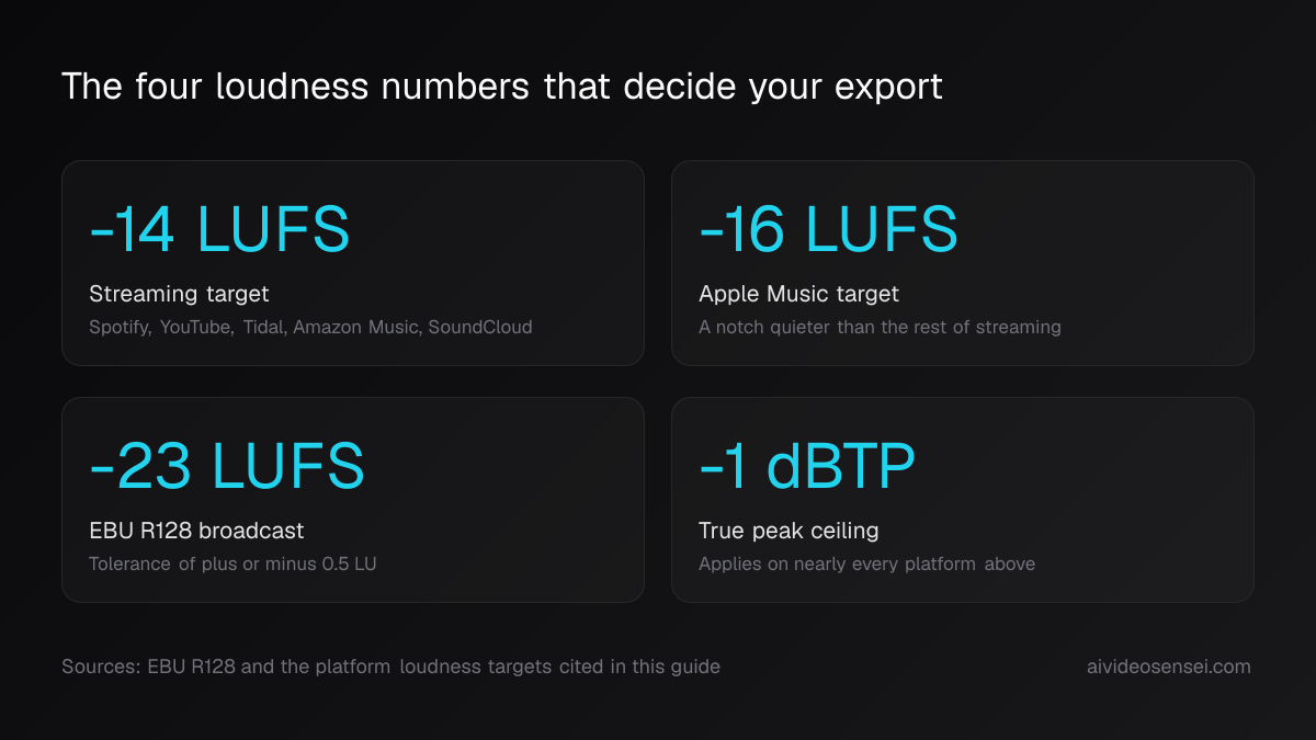 Four big-number cards reading -14 LUFS for streaming, -16 LUFS for Apple Music, -23 LUFS for EBU R128 broadcast, and a -1 dBTP true peak ceiling.