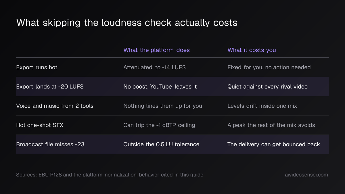 Five-row table pairing loudness mistakes, such as a -20 LUFS export or a hot one-shot SFX hit, with the cost each one carries.