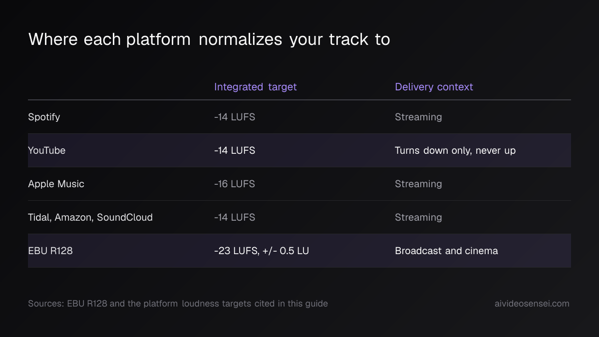 Table listing Spotify, YouTube, Apple Music, Tidal, Amazon and SoundCloud against their integrated targets, with EBU R128 broadcast at -23 LUFS.