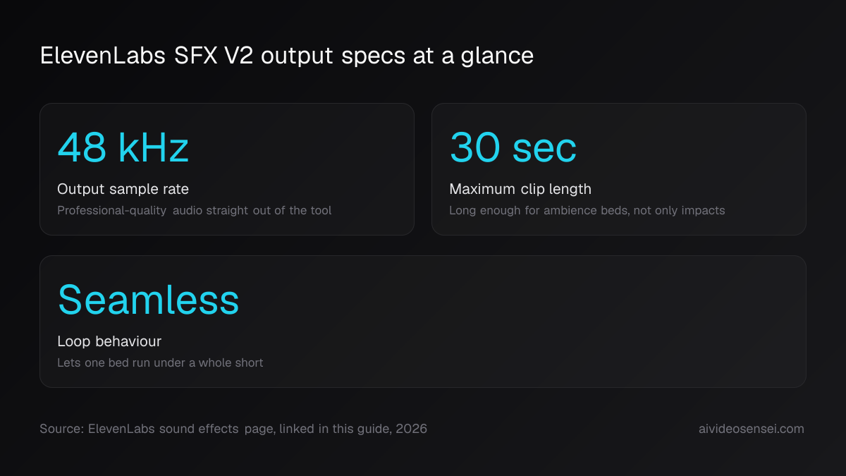 Three big-number cards for ElevenLabs SFX V2: 48 kHz output sample rate, 30 second maximum clip length, and seamless loop behaviour.