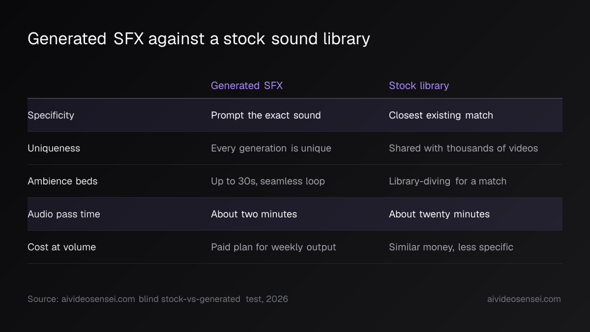 Table comparing generated SFX with a stock library across five rows: specificity, uniqueness, ambience beds, audio pass time and cost at volume.