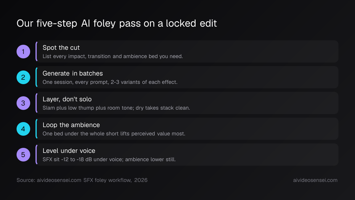 Five numbered workflow steps, from spotting the cut and batch-generating variants to layering foley, looping ambience, and levelling to -12 to -18 dB.