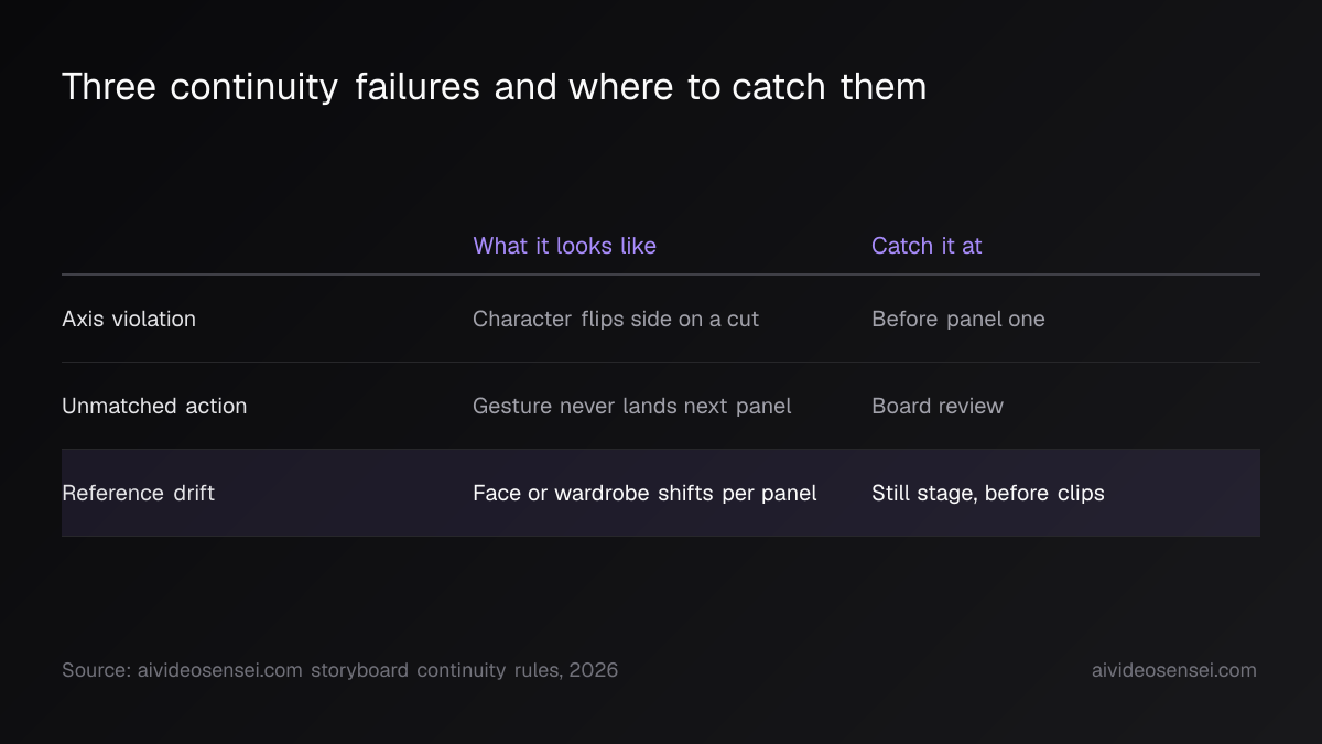 Table of three storyboard failures, axis violation, unmatched action and reference drift, showing what each looks like and the stage to catch it.