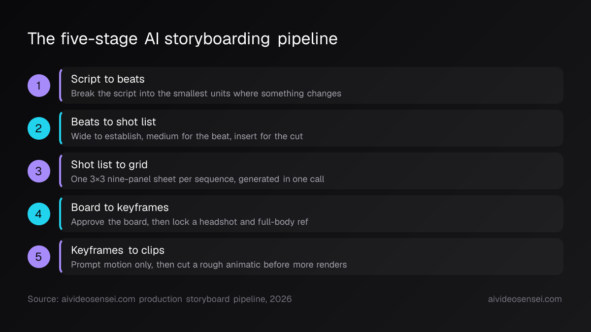 Five numbered steps running script to beats, beats to shot list, shot list to a 3×3 grid, board to keyframes, and keyframes to clips.