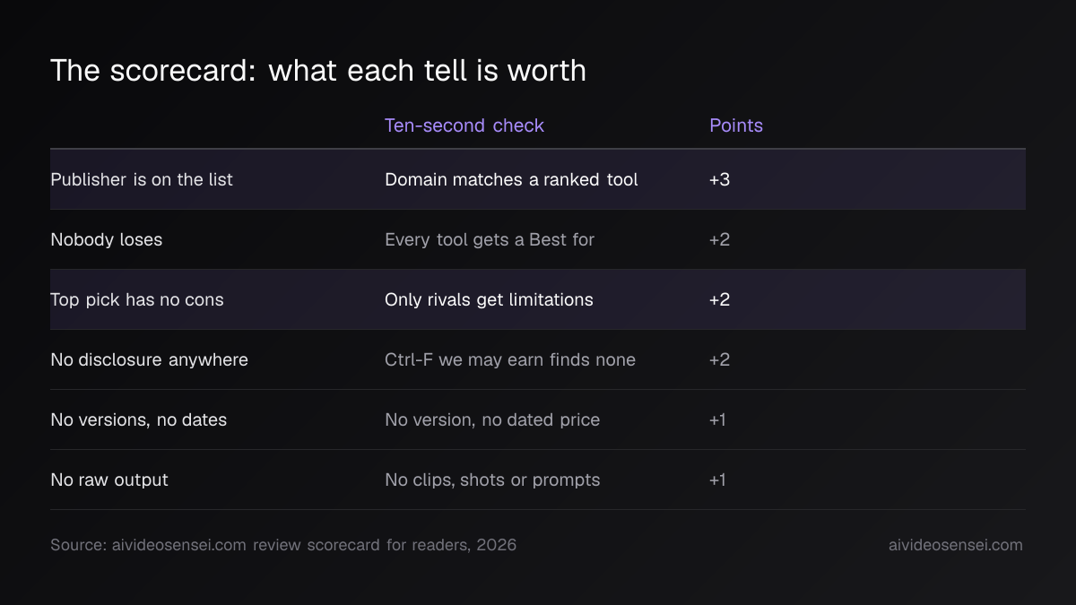Six-row scoring table listing tells such as publisher on the list and top pick with no cons, each with a ten-second check and a point value.
