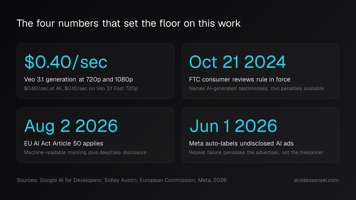 Four number cards: 40 cents per second for Veo 3.1, October 21 2024 FTC reviews rule, August 2 2026 EU AI Act Article 50, June 1 2026 Meta AI labelling.