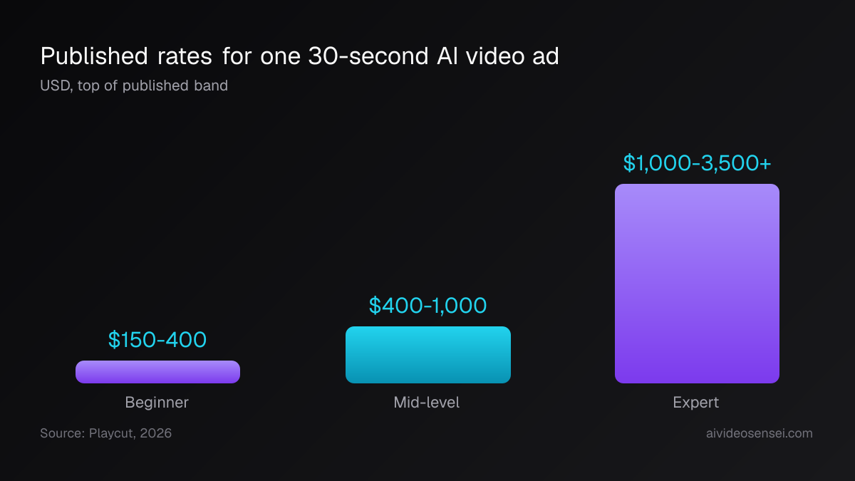 Three bars of published per-video rates for a 30-second AI ad: beginner $150-400, mid-level $400-1,000, expert $1,000-3,500 and up.