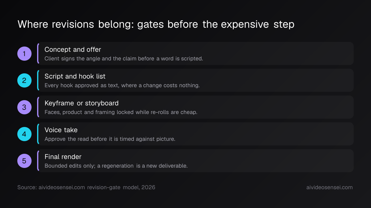 Five sequential approval gates: concept and offer, script and hook list, keyframe or storyboard, voice take, then final render with bounded edits only.