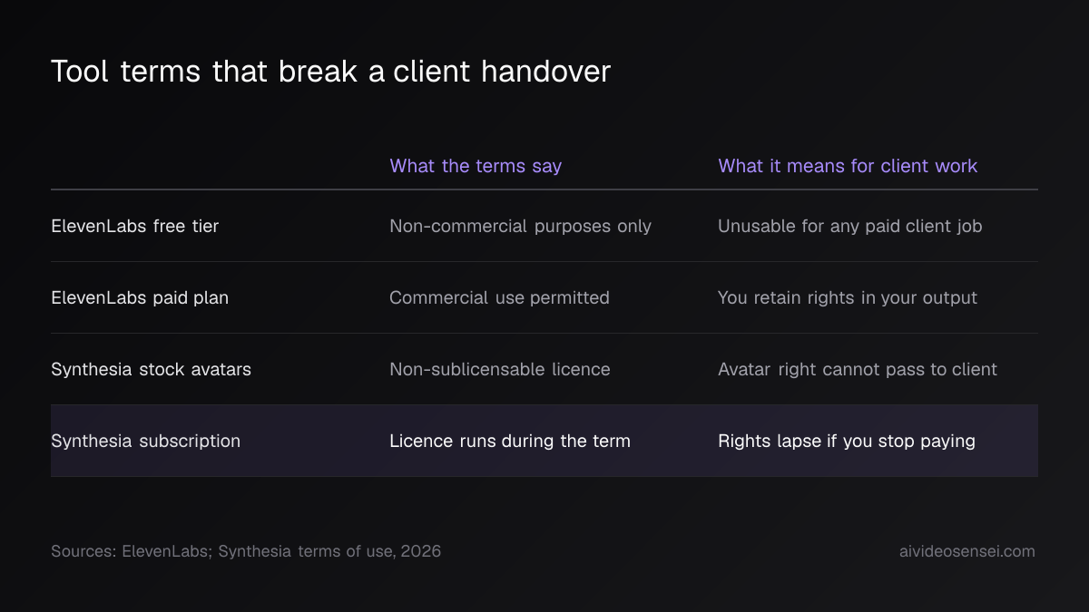 Table of four tool-terms rows covering ElevenLabs free and paid tiers plus Synthesia stock avatars and subscription term, with client-work consequences.