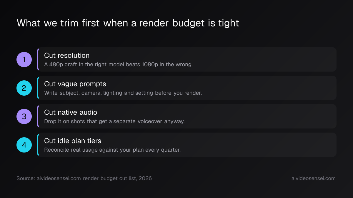 Four numbered cuts in order, opening with resolution and closing with unused subscription tiers