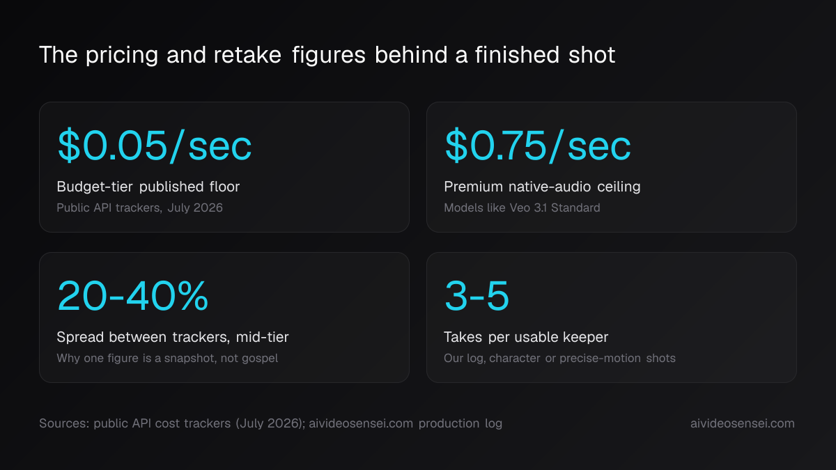 Four number cards reading $0.05 per second, $0.75 per second, a 20-40% spread between trackers, and 3-5 takes per keeper