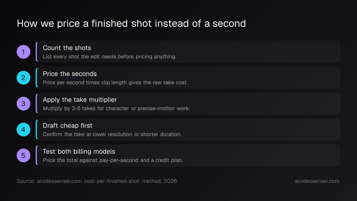 Five numbered steps from counting shots, through price times clip length and a 3-5 take multiplier, to comparing billing models
