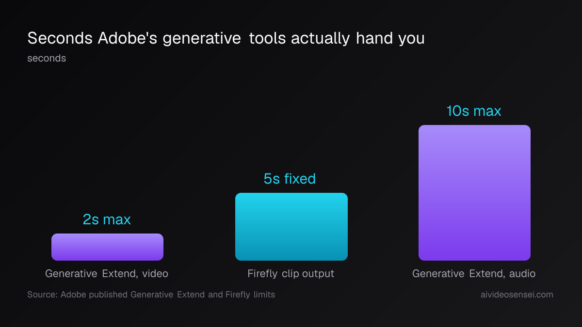 Three vertical bars measured in seconds: Generative Extend video at 2, Firefly clip output at 5, and Generative Extend audio at 10.