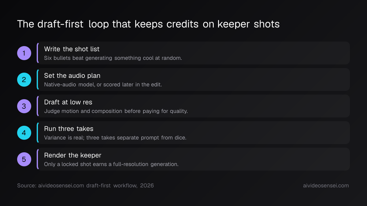 Five numbered steps: write the shot list, set the audio plan, draft at low resolution, run three takes, then render only the keeper at full quality.