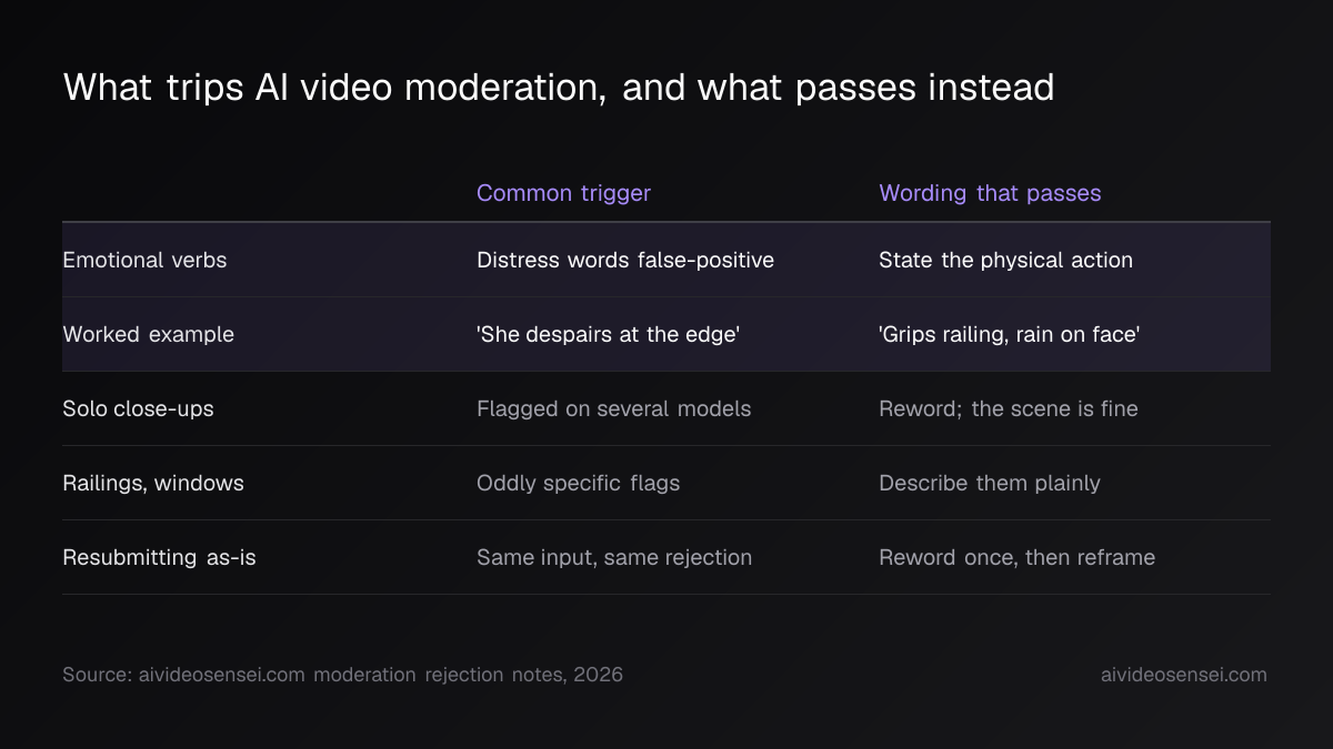 Five-row table pairing moderation triggers, from distress wording to identical resubmissions, with the neutral physical phrasing that gets through.