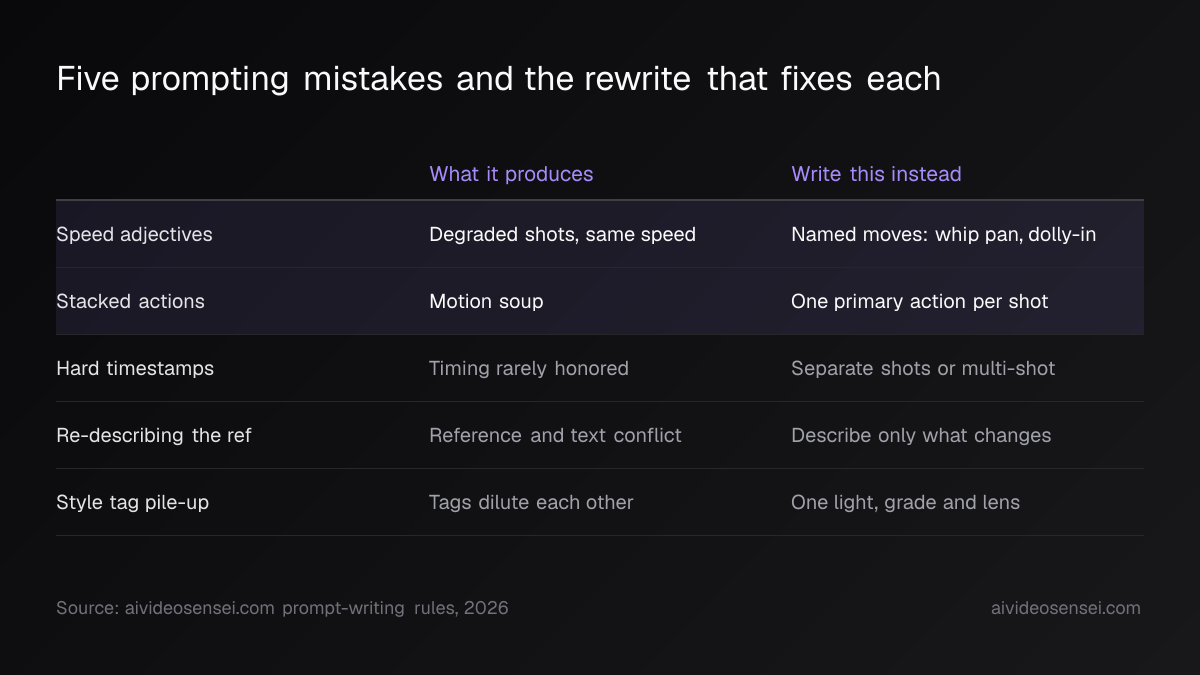 Table of five prompting mistakes: speed adjectives, stacked actions, timestamps, re-described references, style tag piles, each with result and rewrite.