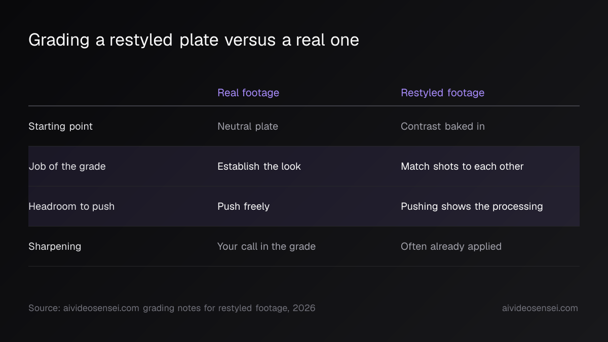 Side-by-side table comparing real and restyled footage across starting point, the job of the grade, headroom to push, and sharpening.