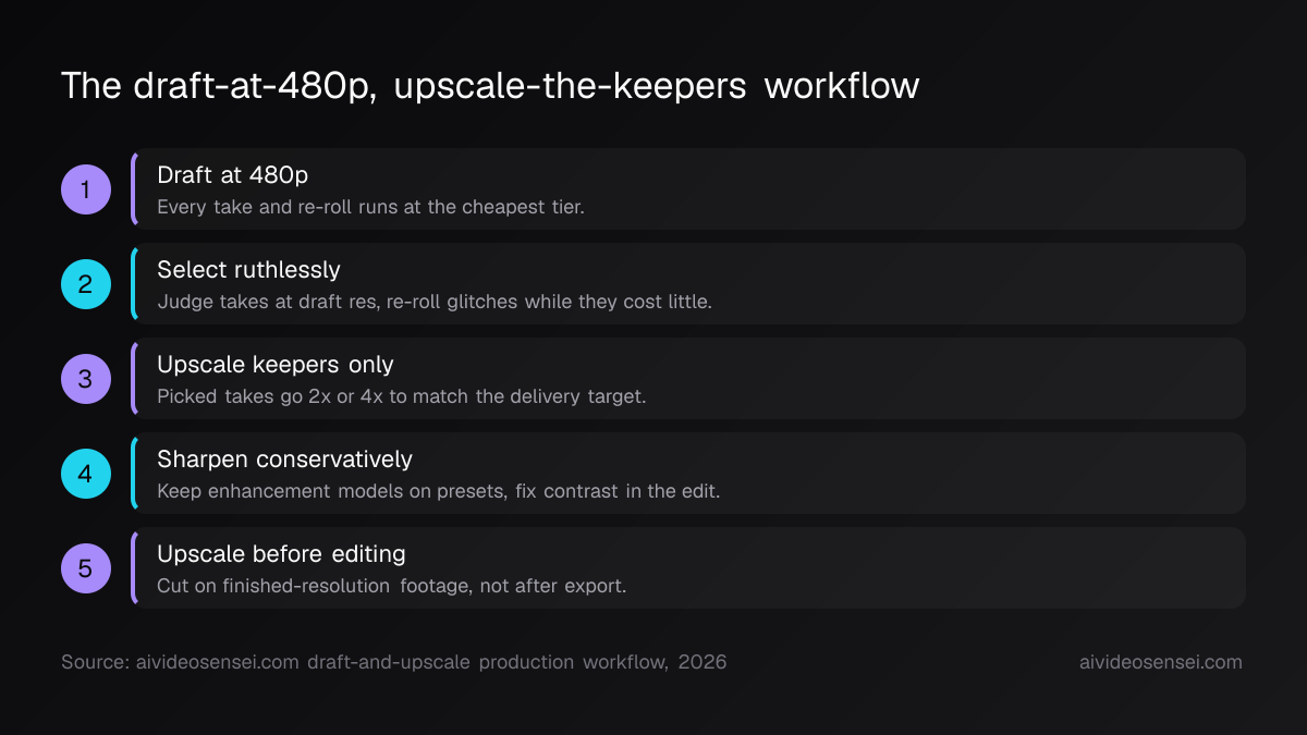 Five numbered steps: draft at 480p, select ruthlessly, upscale keepers only, sharpen conservatively, then upscale before editing