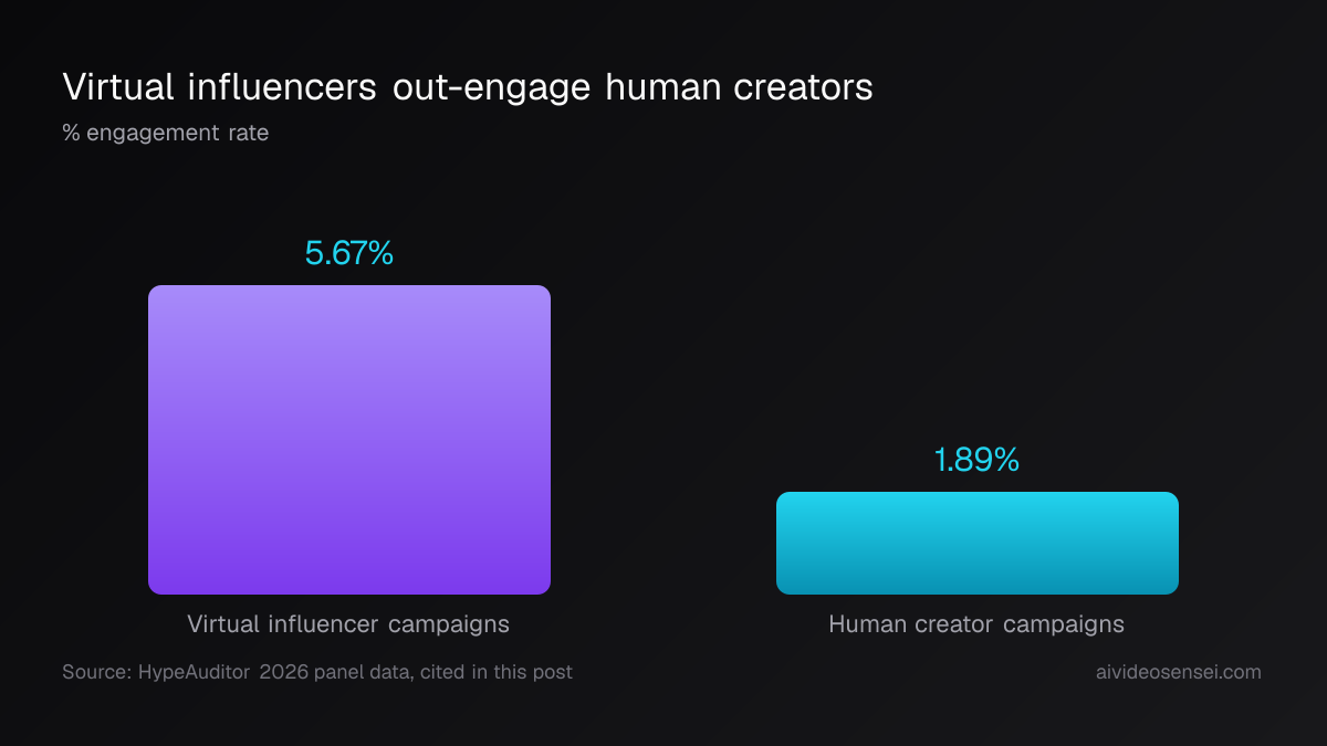 Bar chart comparing engagement rate: virtual influencer campaigns at 5.67% versus human creator campaigns at 1.89%.