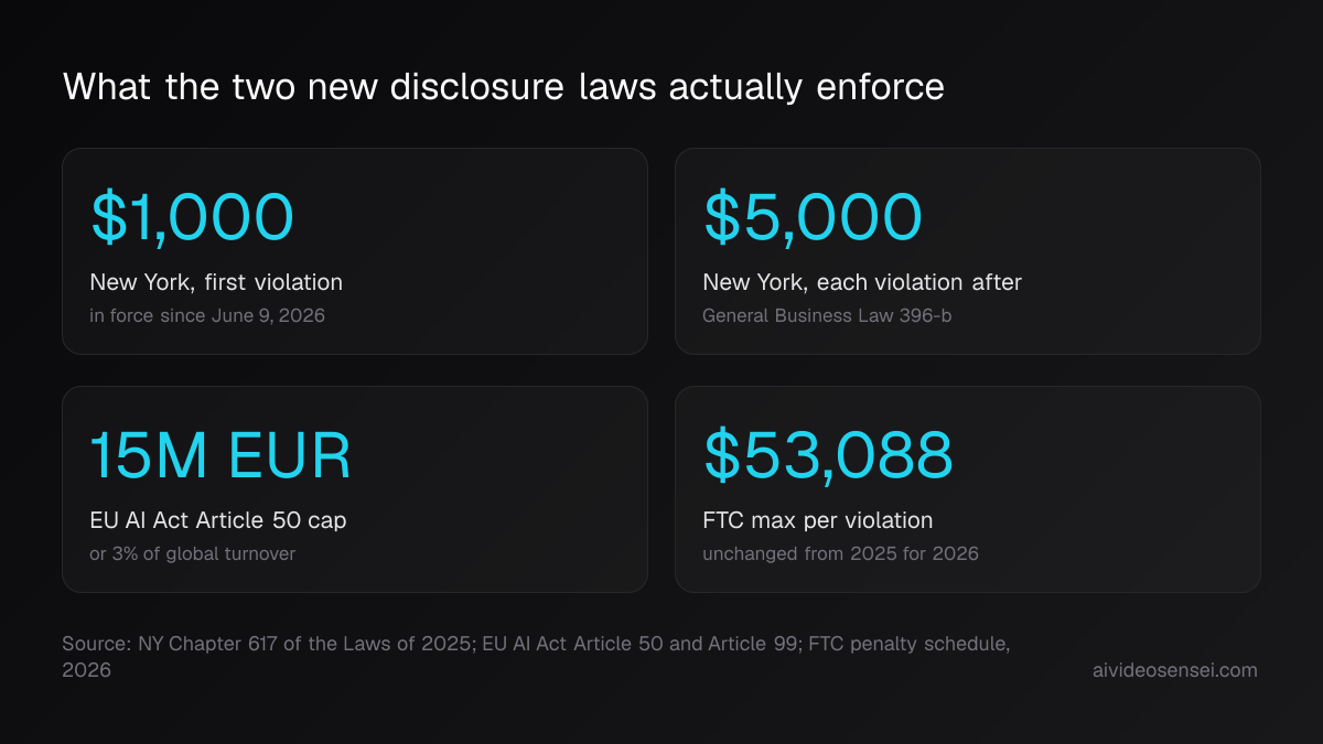 Four stat cards: New York's first-violation fine of $1,000, its repeat-violation fine of $5,000, the EU AI Act's cap of 15 million euros or 3% of turnover, and the FTC's unchanged $53,088 maximum.
