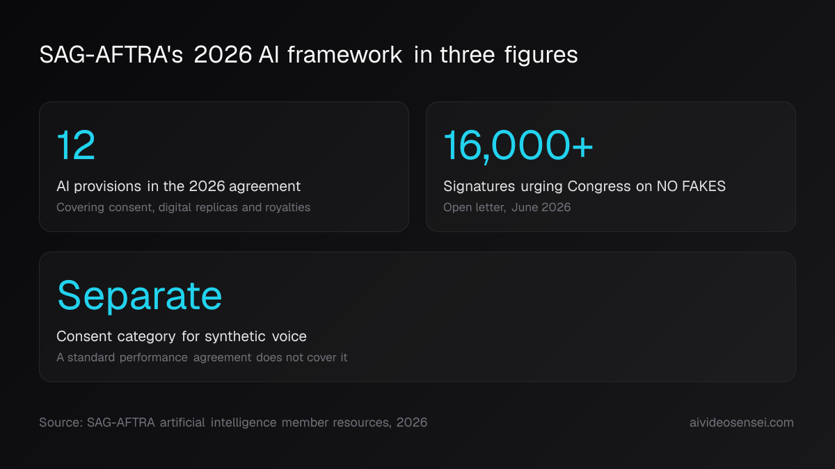 Three big-number cards: 12 AI provisions in the 2026 agreement, 16,000-plus NO FAKES signatures, and Separate as the synthetic voice consent category.