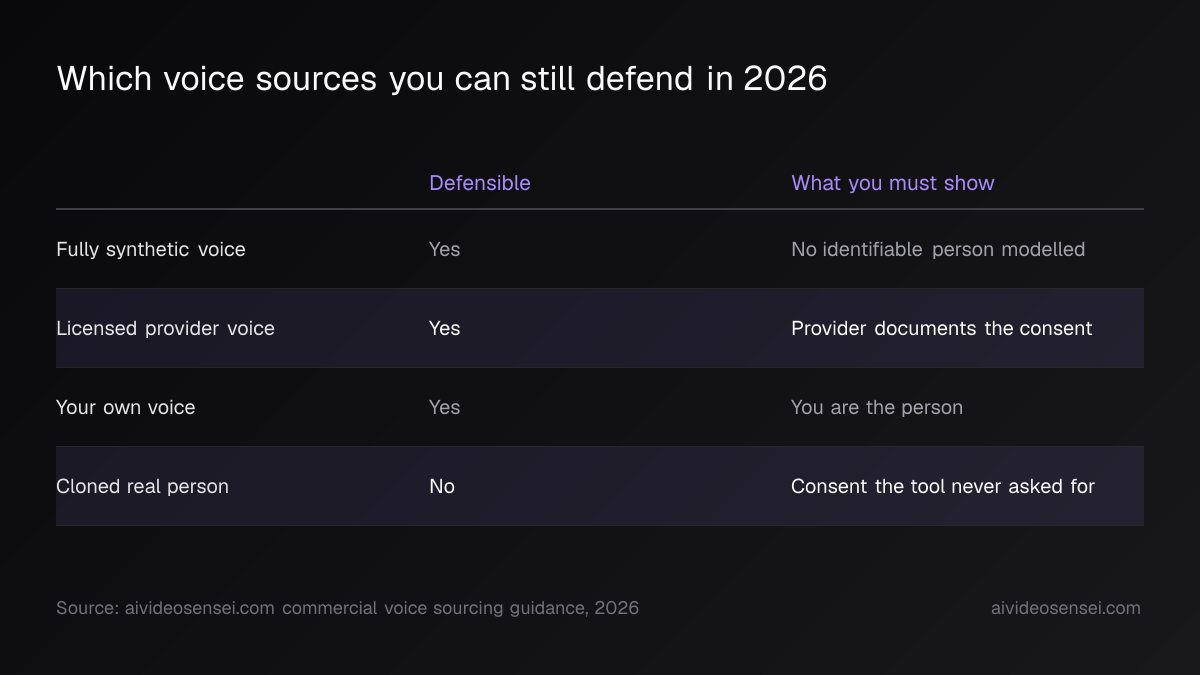 Four-row table marking fully synthetic, licensed provider and your own voice as defensible and a cloned real person as not, with the evidence each needs.