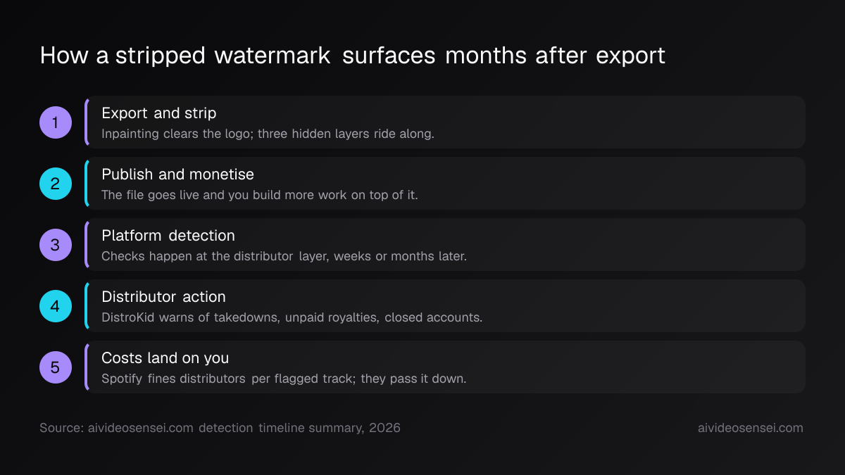 Five numbered steps running from export and strip, through publishing, platform detection and distributor action, to the costs landing on the creator.
