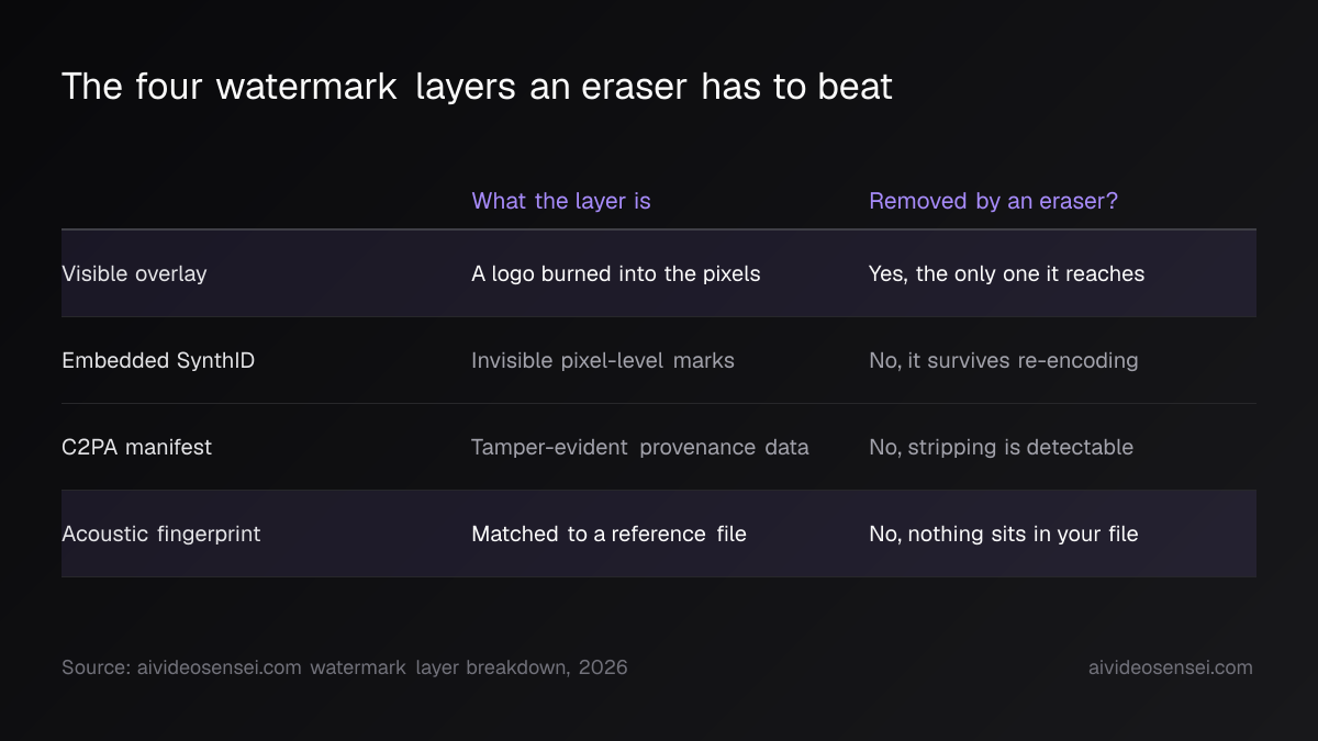 Four-row table of watermark layers with columns for what each layer is and whether an eraser removes it; only the visible overlay row reads yes.