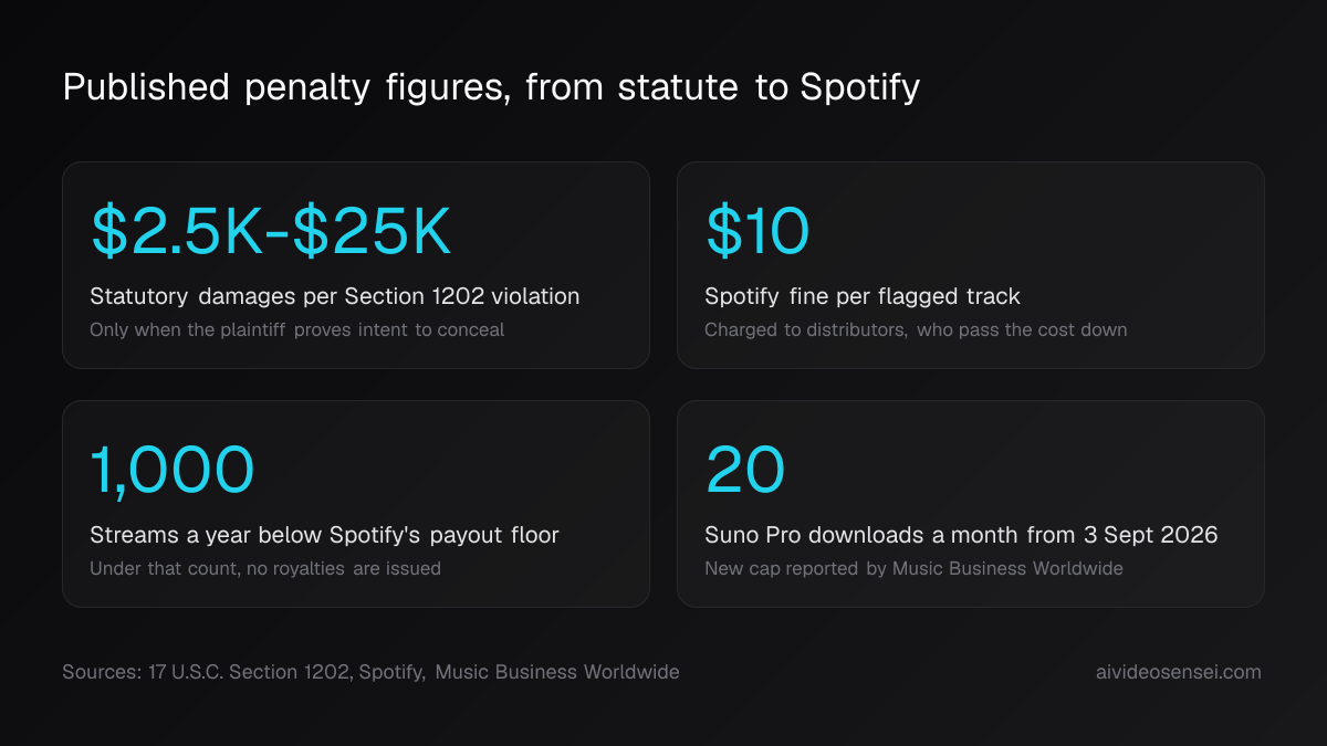Four number cards reading $2.5K to $25K statutory damages, a $10 Spotify fine per flagged track, 1,000 annual streams, and 20 Suno Pro downloads a month.