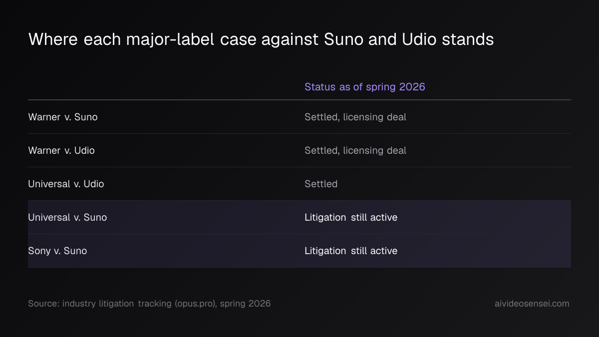 Table of five label-versus-platform pairings with status, showing three settlements and the two cases against Suno marked still active.
