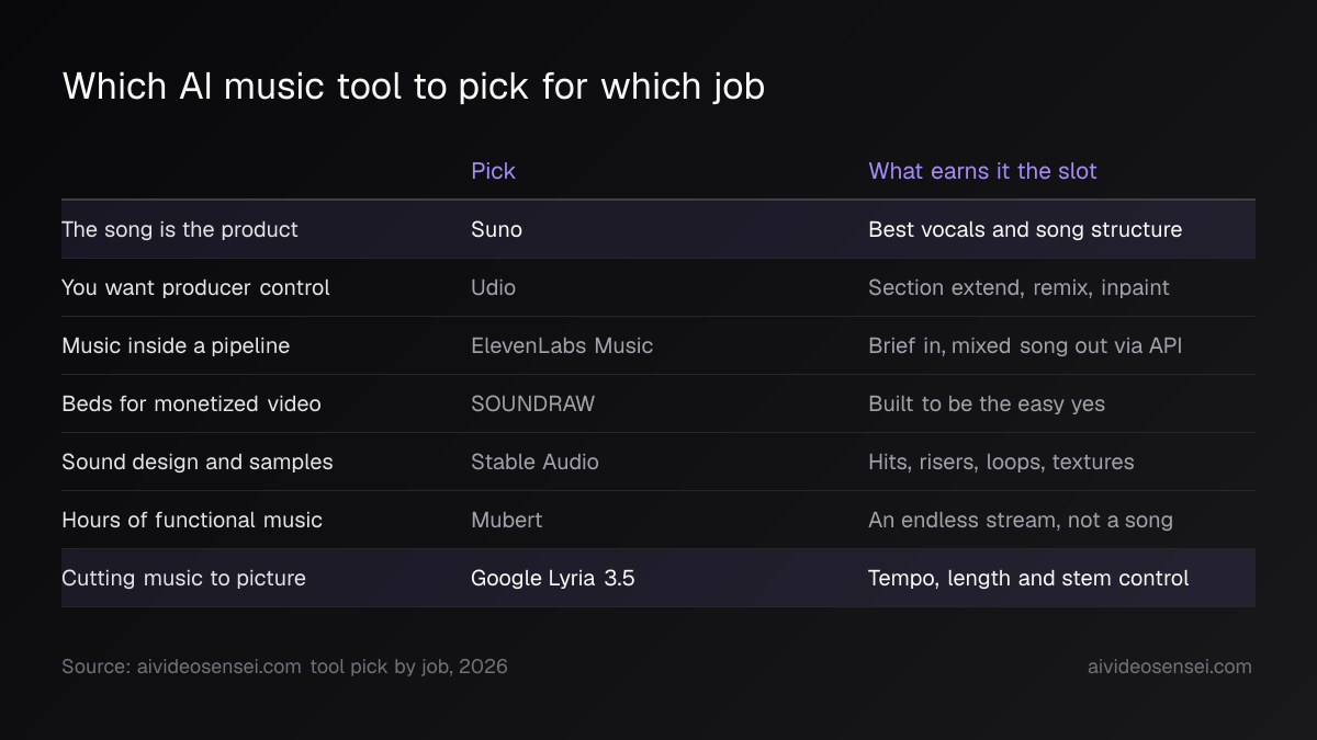 Seven-row table mapping a job to a tool, from song-is-the-product to Suno through cutting-to-picture to Google Lyria 3.5, with two rows highlighted.