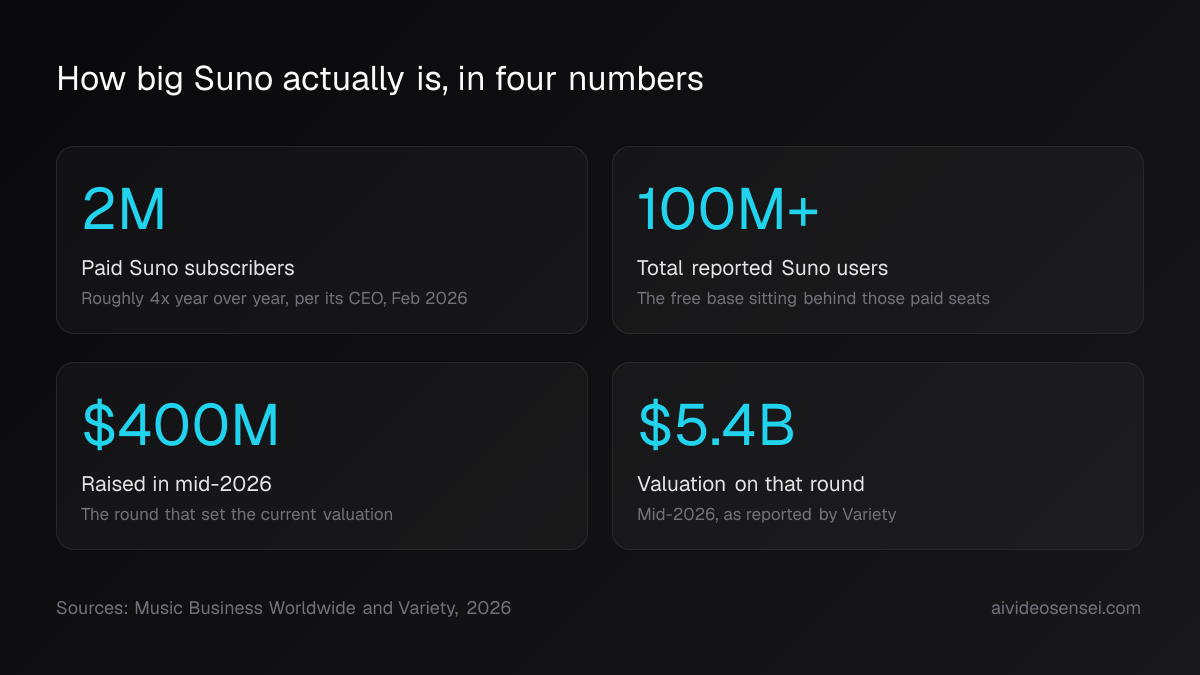 Four stat cards reading 2M, 100M plus, $400M and $5.4B, labelled paid subscribers, total users, mid-2026 raise and valuation.