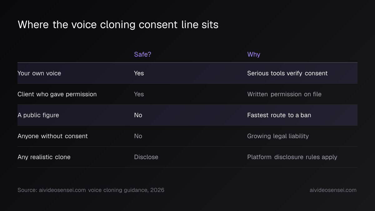 Table of five cloning scenarios marked yes, no or disclose, covering your own voice, a consenting client, public figures and anyone without consent.