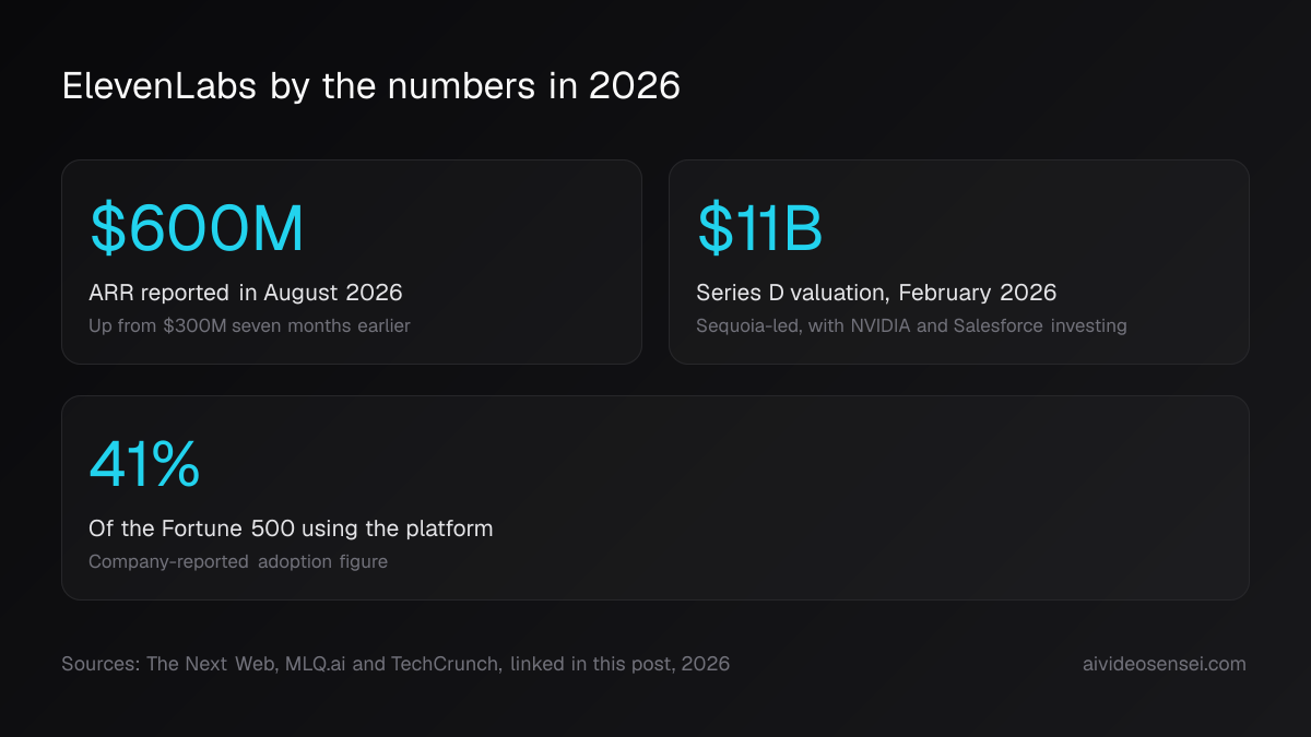 Three big-number cards for ElevenLabs: $600M ARR in August 2026, an $11B Series D valuation, and 41 percent of the Fortune 500 using the platform.