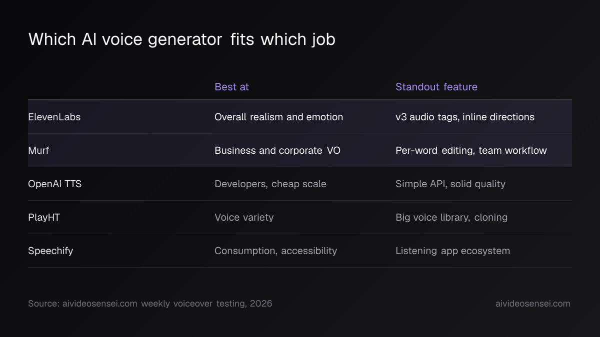 Table of five voice tools with the job each wins and its standout feature, from ElevenLabs v3 audio tags to the Speechify listening app ecosystem.