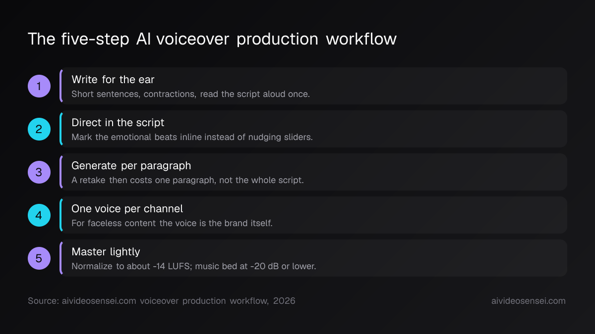 Five numbered production steps, from writing for the ear and directing inside the script to generating per paragraph and mastering to -14 LUFS.