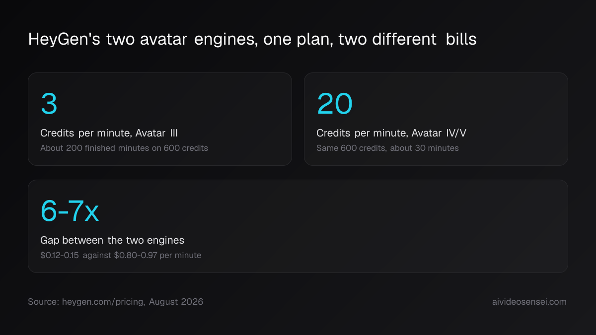 Three number cards reading 3 credits per minute on Avatar III, 20 credits per minute on Avatar IV/V, and a 6-7x gap between the two engines