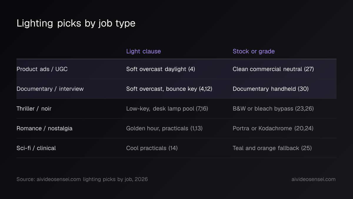 Table of five job types, each row pairing a light clause with a stock or grade, product ads and documentary rows highlighted.