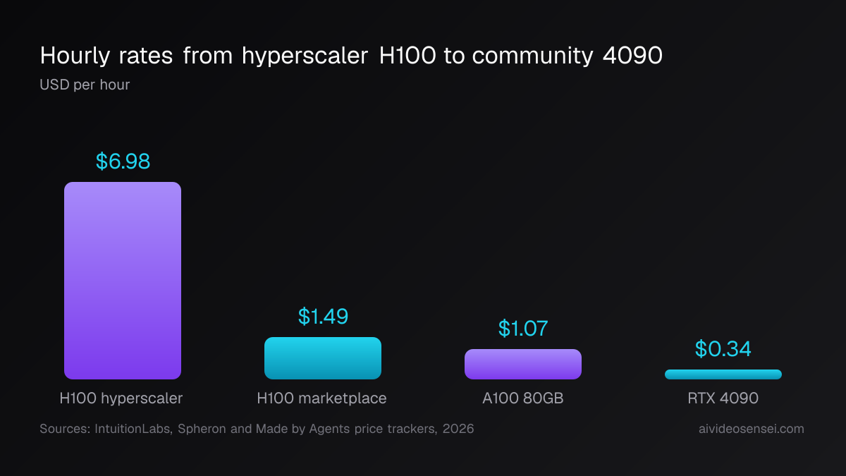 Four vertical bars of hourly rates: hyperscaler H100 at $6.98, marketplace H100 at $1.49, A100 80GB at $1.07 and RTX 4090 at $0.34.