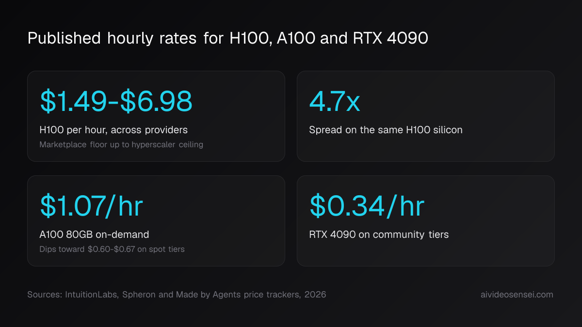 Four number cards reading $1.49 to $6.98 per H100 hour, a 4.7x provider spread, $1.07 an hour for an A100 80GB and $0.34 an hour for an RTX 4090.