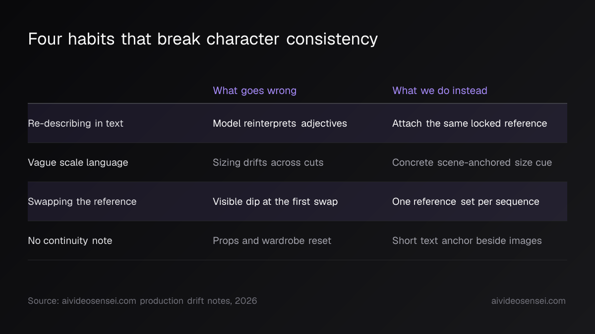 Table of four consistency failures with the symptom beside the fix, from re-describing the character in text to skipping a continuity note.