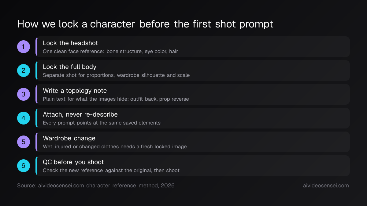 Six numbered steps: lock the headshot, lock the full body, write a topology note, attach references, make a new image for a wardrobe change, QC it.