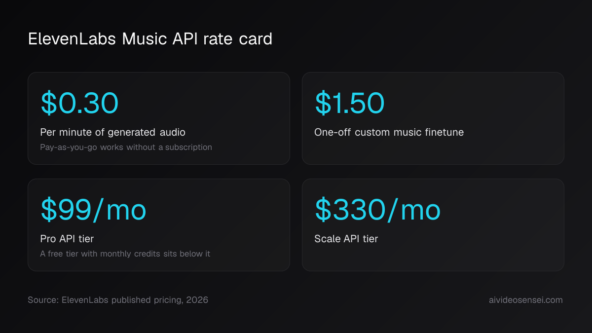 Four number cards showing ElevenLabs Music API rates: $0.30 per minute of audio, $1.50 per custom finetune, $99 per month Pro tier, $330 per month Scale tier.