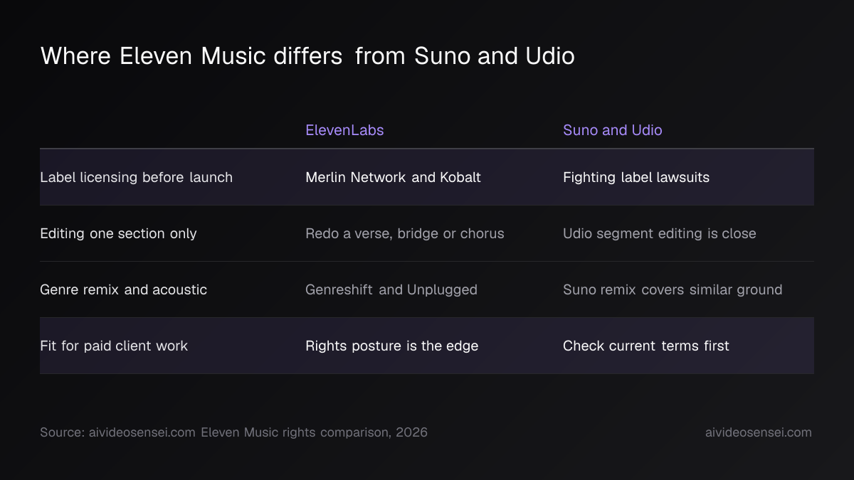 Two-column table putting ElevenLabs beside Suno and Udio on label licensing, section editing, genre remix and fitness for paid client work.