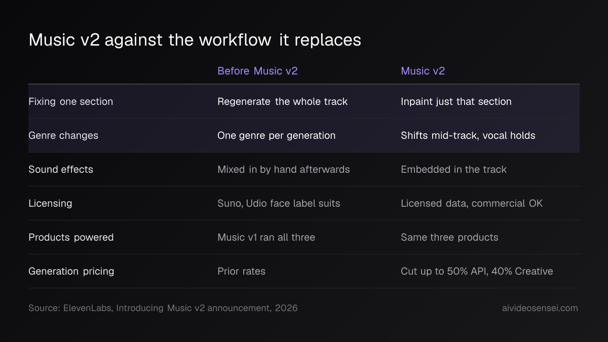 Two-column table comparing section fixes, genre changes, sound effects, licensing, products and pricing before and after Music v2.