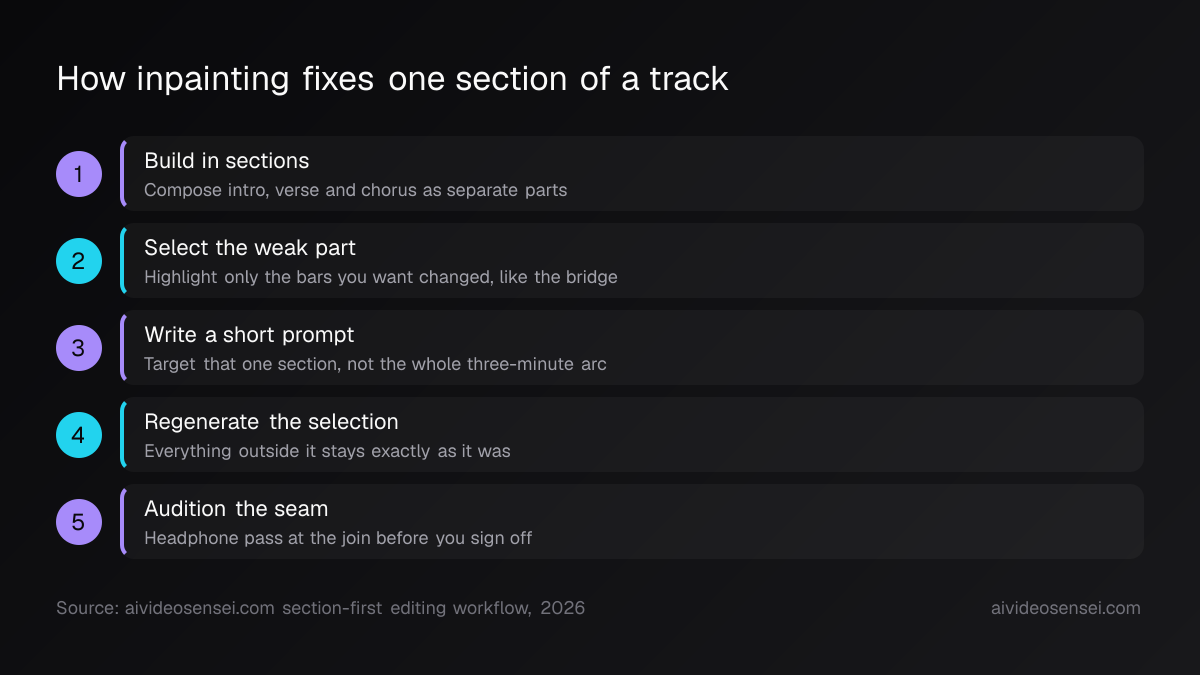 Five numbered steps running from building a track in sections, through selecting, prompting and regenerating, to checking the seam.