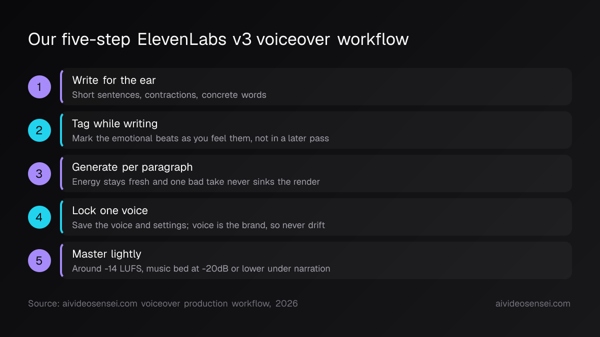 Five numbered steps running from writing for the ear, through tagging and per-paragraph generation, to locking one voice and mastering near -14 LUFS.